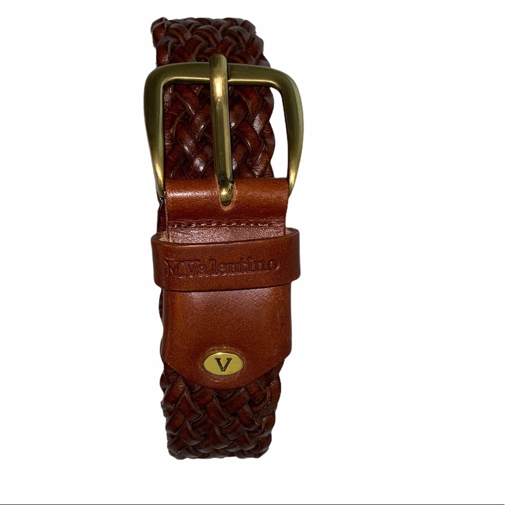Valentino Braided Leather Belt in Chestnut Brown with Brass Buckle